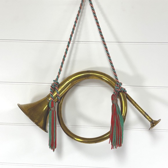 Vintage Other - Vintage Brass French Horn Medium Brass instrument decor Red Green Tassels Wreath